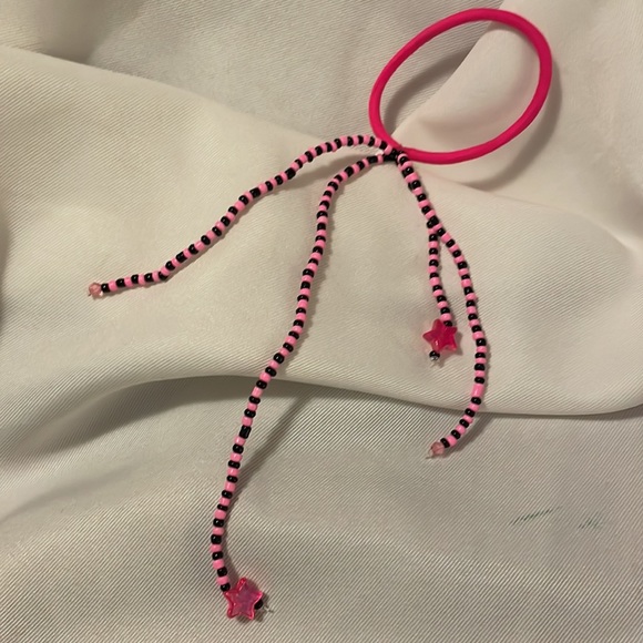 Handmade Jewelry Bracelet 3 Stack & Bead Enhanced Hair Elastic Pink & Black - Picture 2 of 7